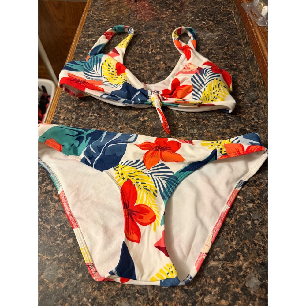 Hollister Swim Womens XL Tropical Floral Bikini Set White Red Blue Front Tie